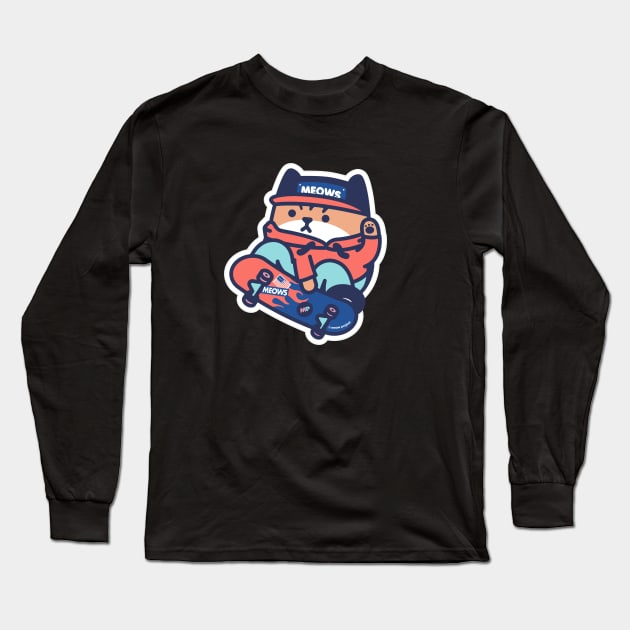 Red and Blue Skater Cat Long Sleeve T-Shirt by meowproject